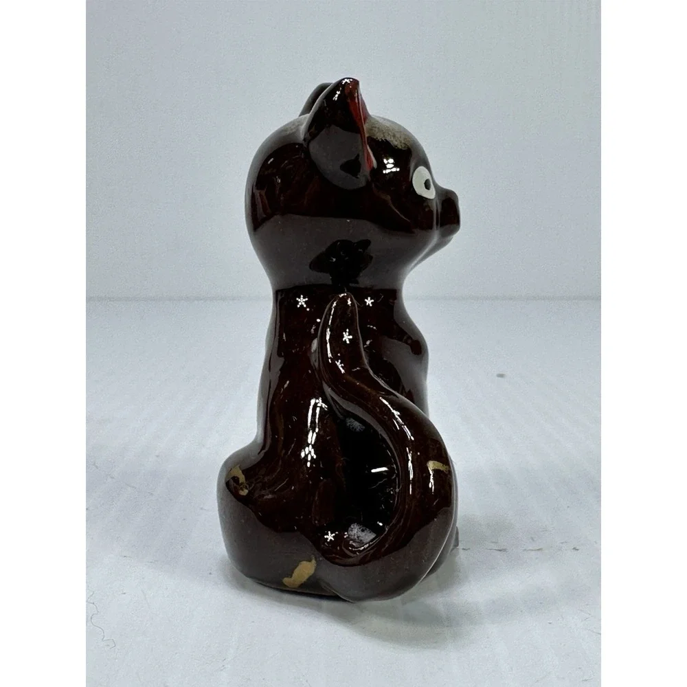 Vintage Redware Japan Kitten Cat Figurine Red Ears Brown Glazed Trinket MCM